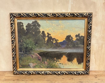 Serene Lake Sunset - Vintage Landscape Painting for a Calming Home Decor
