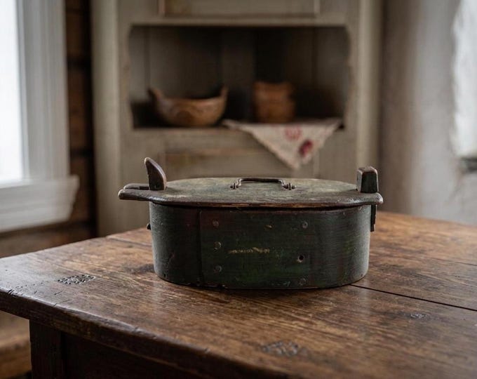 1800s Norwegian Tine Box | Antique Green Painted Bentwood Folk Art Chest | Rustic Scandinavian Storage Box with Timeworn Green Patina