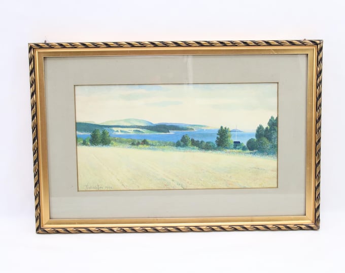 Antique 1899 Norwegian Landscape Painting | Signed Watercolor of Fjord, Countryside Field & Farmhouse, Framed Scandinavian Art