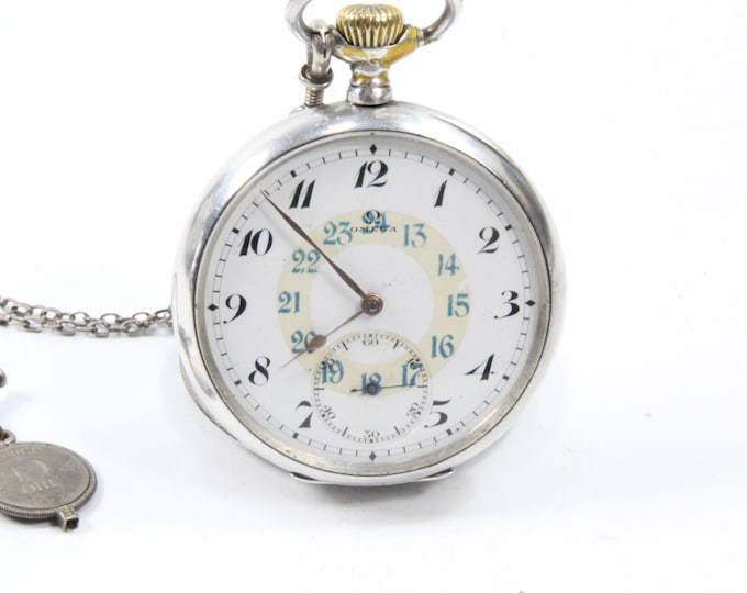 Omega Pocket Watch with Chain | Antique Silver Timepiece | Rare Dial | Swiss Made Collector's Item | Folk Costume Gift