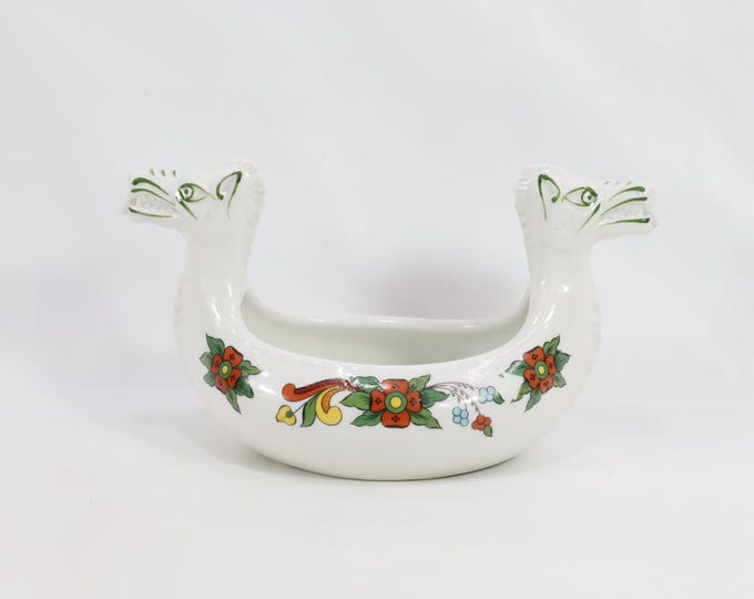 Porsgrund Porcelain Beer Bowl | 1930s Hand Painted Farmers Rose | Antique Nordic Gift | Viking Dragon Handles