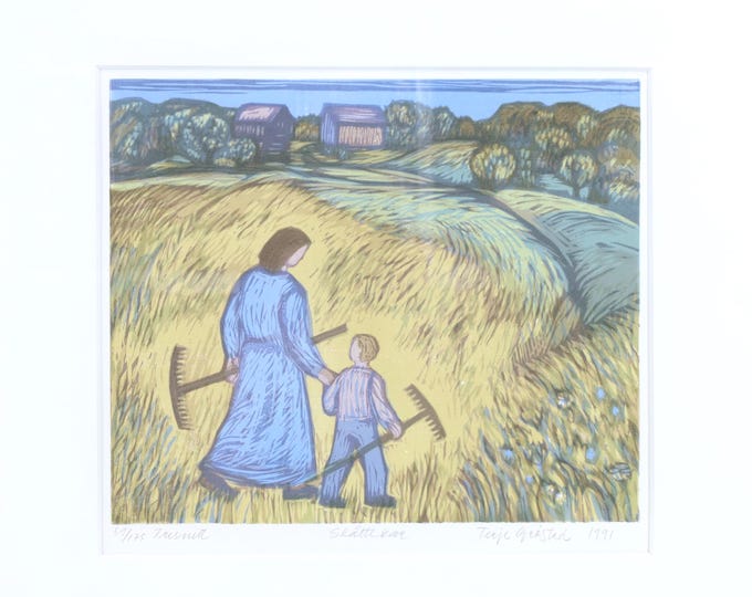 Grain Harvesting Xylography by Terje Grøstad | Limited Edition Art | Woodcut Masterpiece | Collector's Gallery