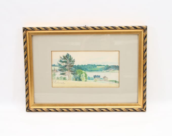 Antique Scandinavian watercolor landscape signed Verlebugten 1899, Nordic countryside river view in gold wood frame, vintage wall art