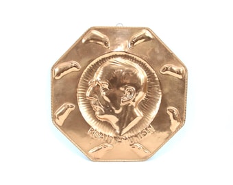 Vintage Large Roald Amundsen Copper Plaque | Octagonal Hammered Relief with 8 Polar Bears | Norwegian Polar Explorer Wall Art | Early 1900s