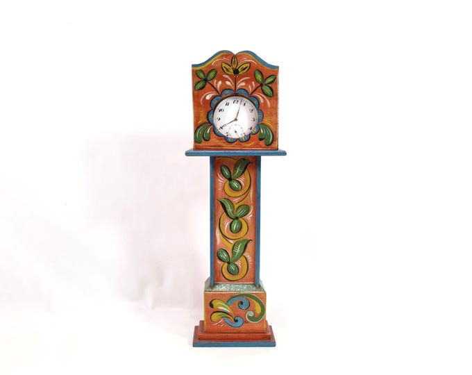 1910s Norwegian Pocket Watch Cabinet | Miniature Grandfather Clock Stand | Ancre Silver Pocket Watch | Hand-Painted Telemark Rosemaling