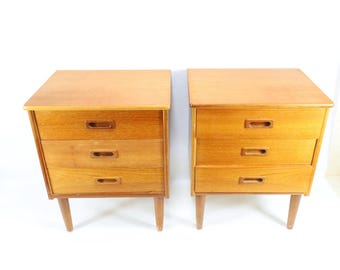 Pair of Vintage Scandinavian Nightstands - Mid Century Modern Teak Bedside Tables Minimalist Nordic Bedroom Decor