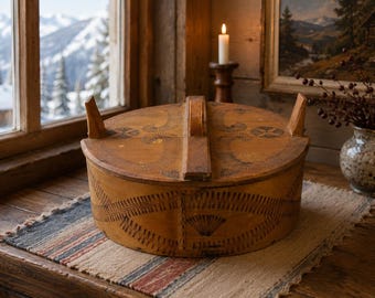 Vintage Norwegian Wooden Cake Tine Box 1960s | Traditional Scandinavian Svidekor Bentwood Carrier | Norway Folk Art Bride Box Storage