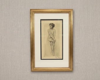 Original Emil Krause Etching | Danish Nude Figure Study Art | Antique 1910s Signed Print Framed Scandinavian Wall Decor