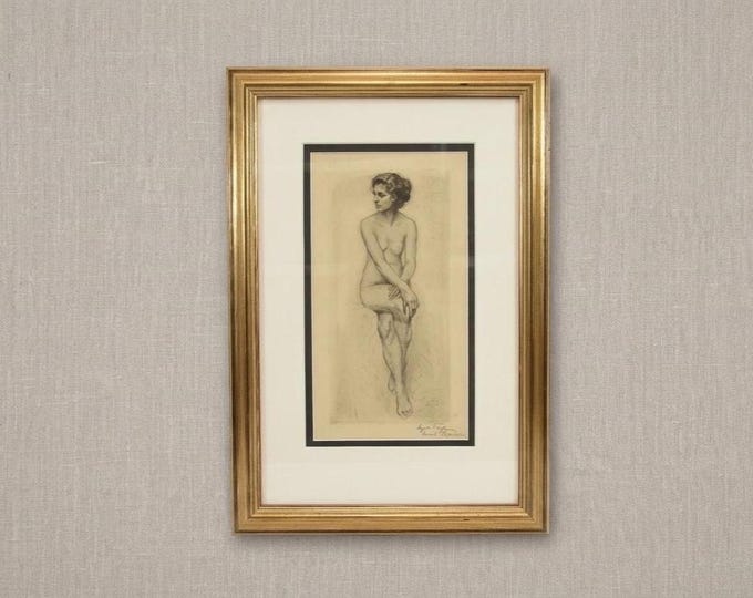 Original Emil Krause Etching | Danish Nude Figure Study Art | Antique 1910s Signed Print Framed Scandinavian Wall Decor