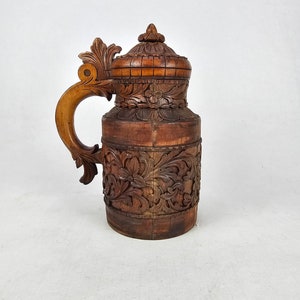 Antique 1880-1900s Norwegian Rose Carved Folk Art Beer Tankard - Beer Stein - Norwegian Folk Art