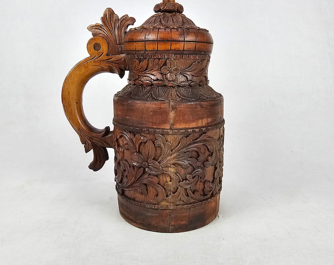 Antique 1880-1900s Norwegian Rose Carved Folk Art Beer Tankard - Beer Stein - Norwegian Folk Art