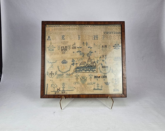 Rare Antique Norwegian 19th C Dated 1834 Whitework Sampler - Norwegian Alphabet and Number Sampler with Beautiful Church Motif