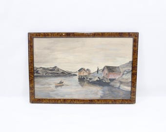 Early 20th Century Norwegian Coastal Landscape | Oil Pastel Drawing of Boathouses and Rowboat | Framed Antique Estate Art