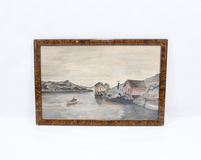 Early 20th Century Norwegian Coastal Landscape | Oil Pastel Drawing of Boathouses and Rowboat | Framed Antique Estate Art