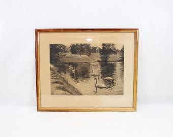 1927 Norwegian Signed Art Print | Swans in Frogner Park Oslo by Halvard Storm | Hand Signed Limited Edition Scandinavian Print