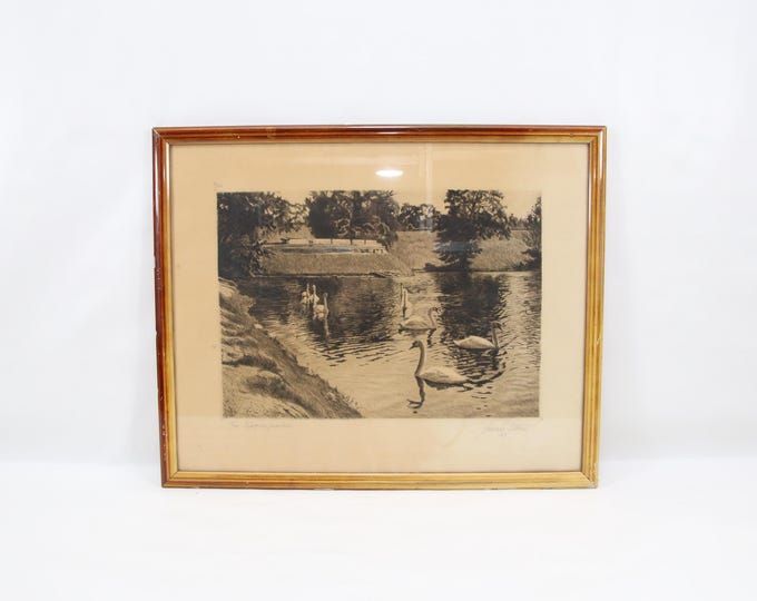 1927 Norwegian Signed Art Print | Swans in Frogner Park Oslo by Halvard Storm | Hand Signed Limited Edition Scandinavian Print