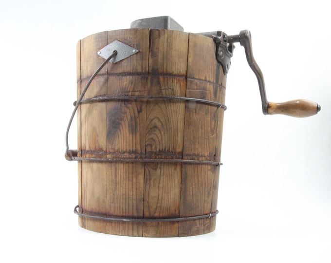 Antique Hand Crank Ice Cream Maker Bucket | Rustic Farmhouse Decor | Wood Slat Barrel | Depression Era | Husqvarna Sweden