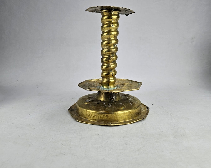 Rare 1700s Handmade Candlestick in brass - Burnished Norwegian/Swedish Hammer Struck Candle Holders