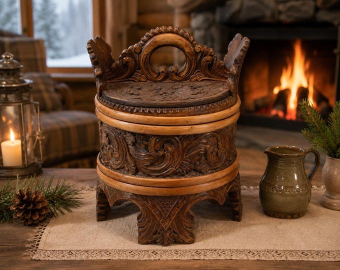 Vintage Norwegian Hand Carved Wooden Grøtamber Decor | Folk Art Porridge Tub Bucket Stave Art | Rustic Cabin Chalet Decor Gift