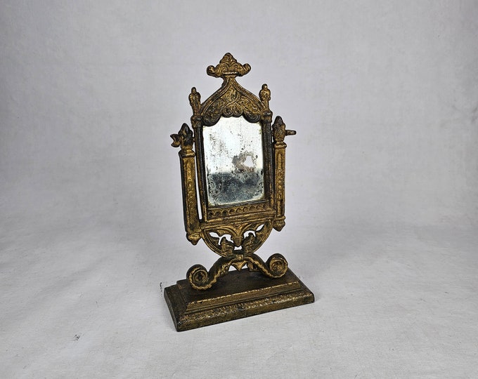 19th Century Cast Iron Miniature Mirror with Beautiful Patinated Glass - Gold Painted Table Decoration for Weddings and Home Decor