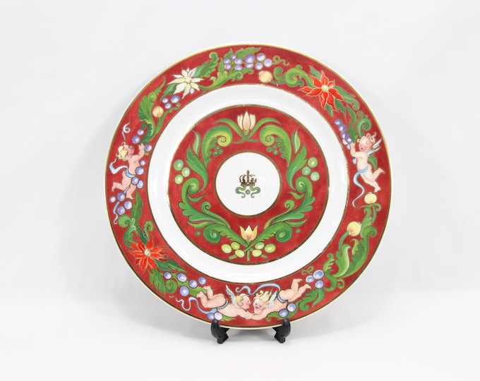 Vintage Porsgrund Christmas Plate Norway | Nordic Porcelain Wall Decor | Angels & Gold Crown Design | Red Green Holiday Art Collectible