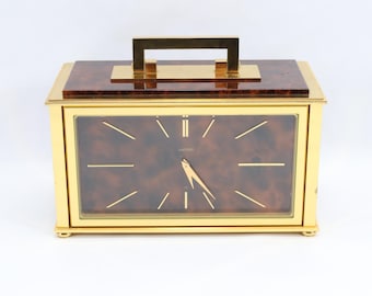 Rare Luxor Swiss Made Mid-Century Brass Desk Clock Bar Set – Tortoise Lucite & Wood Mini Bar with Hidden Compartment (1960s Swiss Design)