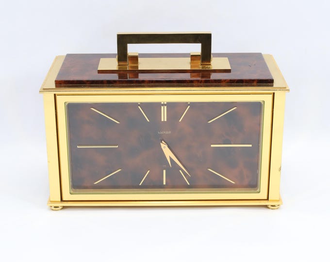 Rare Luxor Swiss Made Mid-Century Brass Desk Clock Bar Set – Tortoise Lucite & Wood Mini Bar with Hidden Compartment (1960s Swiss Design)