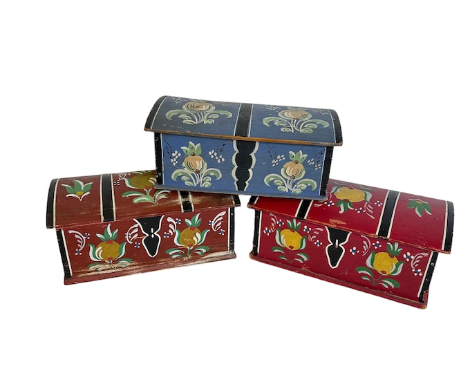 Set of 3 Vintage Norwegian Handmade Treasure Boxes - Traditional Scandinavian Folk Art & Rosemaling