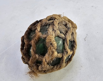 Unique Old Fishing Float with Netted Hemp - Norwegian Glass Float with Dark Olive Green Color