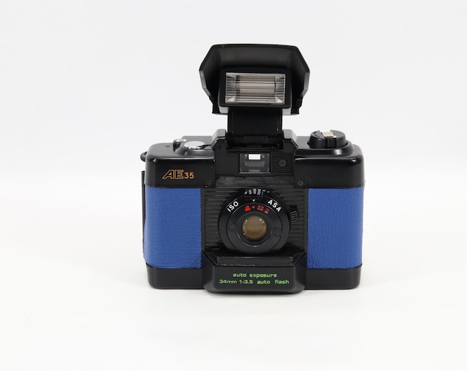 Vintage Lotus AE35 35mm Film Camera | Blue Black Compact Point Shoot | Auto Exposure 34mm f3.5 Lens Flash Retro 1980s Analog