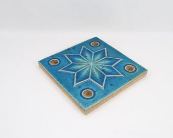 Rare Vintage Konrad Galaaen Advent Candle Holder - 1960s Norwegian Turquoise Ceramic Star Tile