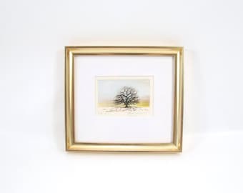 1989 Norwegian Lithograph | Lone Tree in Winter Landscape | Vintage Scandinavian Nature Print | Signed Nordic Art | Framed Wall Decor