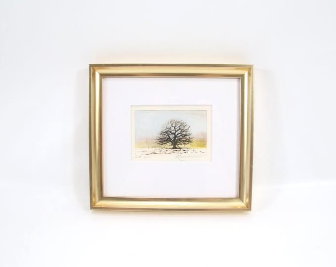 1989 Norwegian Lithograph | Lone Tree in Winter Landscape | Vintage Scandinavian Nature Print | Signed Nordic Art | Framed Wall Decor