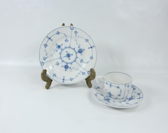Vintage Norwegian Blue Fluted Breakfast Trio | Hand Painted Porcelain Cup Saucer Plate Set | Scandinavian Tableware