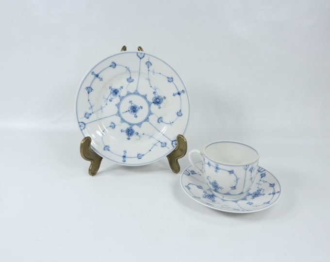 Vintage Norwegian Blue Fluted Breakfast Trio | Hand Painted Porcelain Cup Saucer Plate Set | Scandinavian Tableware