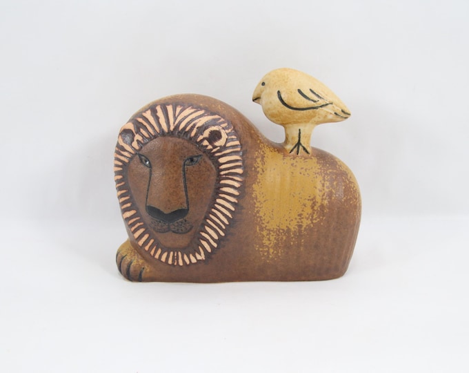 Lisa Larson Lion with Bird Figurine | Vintage Scandinavian Ceramic Art by Gustavsberg Sweden | Nordic Mid Century Style Decor