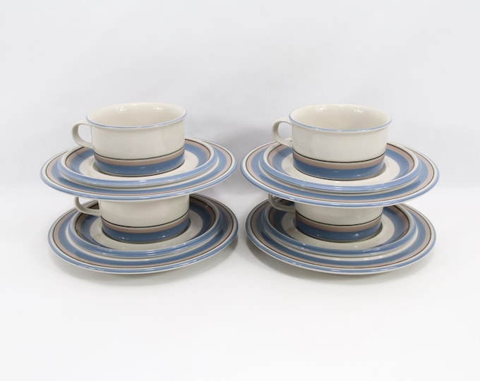 Vintage Arabia Finland Uhtua 4 Set Service | 1980s Nordic Stoneware Tableware | Cups Saucers Plates | Scandinavian Coffee Tea Sets