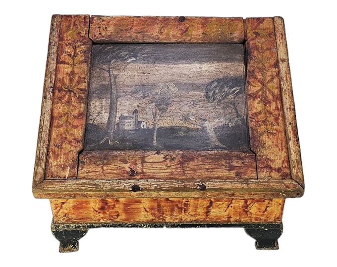Stunning 1882 Writing Chest - Church Motif Painted - Authentic Norwegian Antique - Museum-worthy Storage Chest