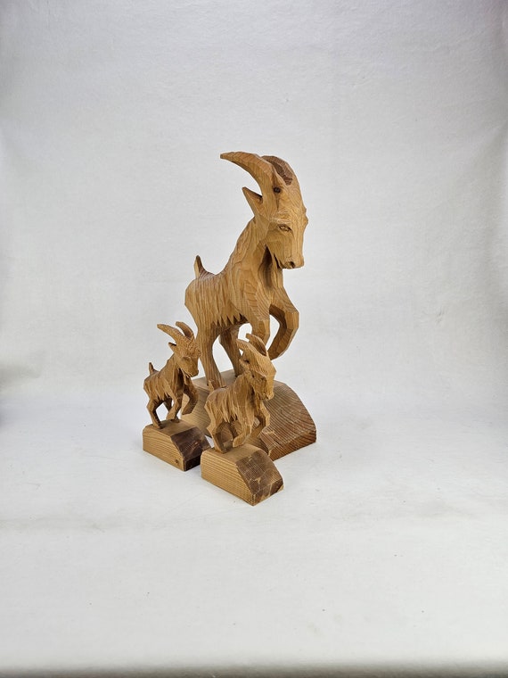 Hand Carved Wooden Mountain Goat Family - Primitive Hand Carving