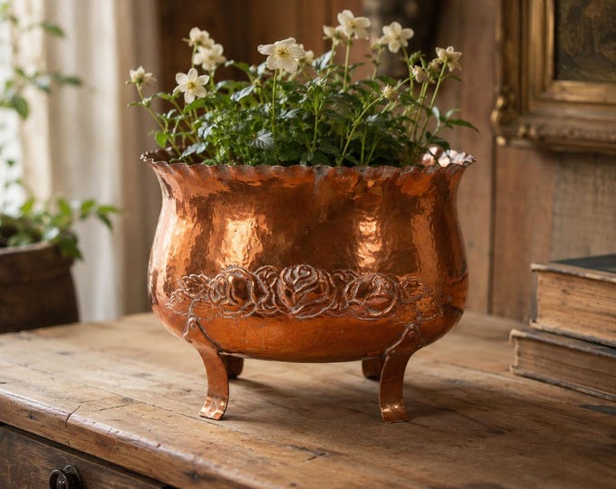 Antique Norwegian Art Nouveau Copper Jardiniere | Hand Hammered Rose Planter Pot | Telemark Scandinavian Folk Art Flower Bowl