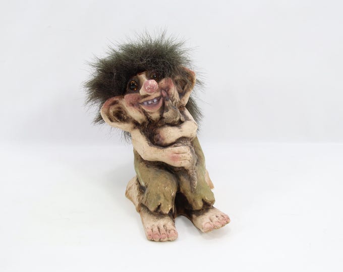 NyForm Troll With Dog | Norwegian Handmade Troll Figurine | Scandinavian Folk Art Vintage Troll Collectible
