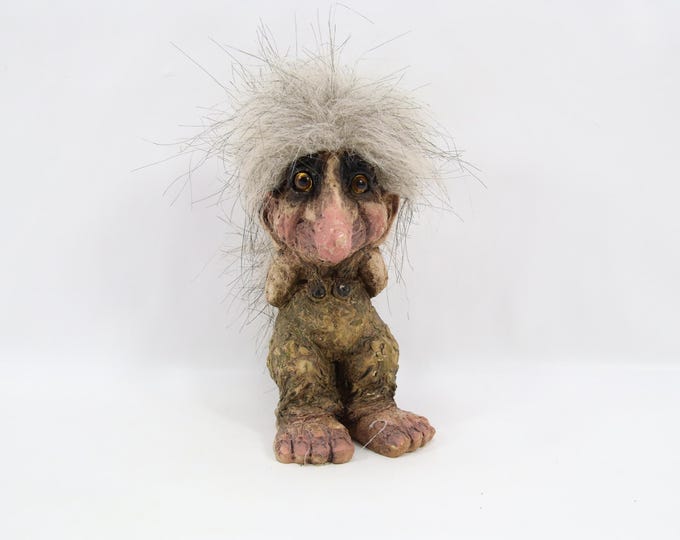 NyForm Norwegian Troll Figurine | Long Nose Troll Hands Behind Back | Handmade Norway Folk Art Troll With Tail | Vintage 2000s Scandinavian