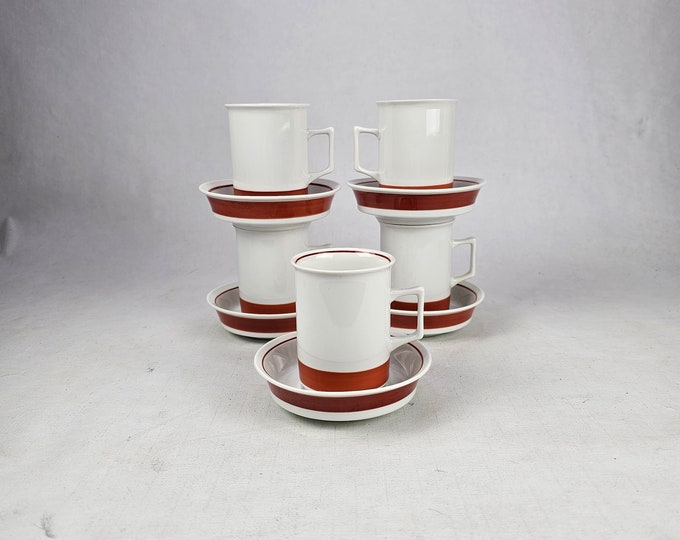Porsgrunn Porcelain Vintage Coffee Cup Set - Red Rand Design - 5 Cups and Saucers - Collectible 1970s - Vintage Norwegian