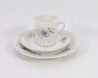 Vintage Porsgrund Porcelain Cup & Saucer Set - Blue Flower Swirl Design 1930s