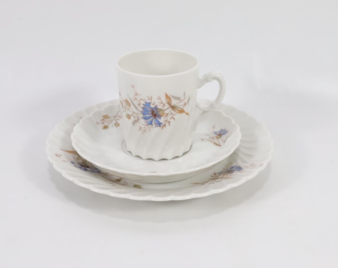 Vintage Porsgrund Porcelain Cup & Saucer Set - Blue Flower Swirl Design 1930s