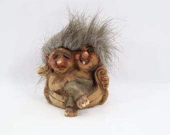 Fosse Troll Boat Figurine Art 118 | Norwegian Troll Couple In Viking Ship | Handmade Norway Folklore Figure | Vintage 1990s Troll