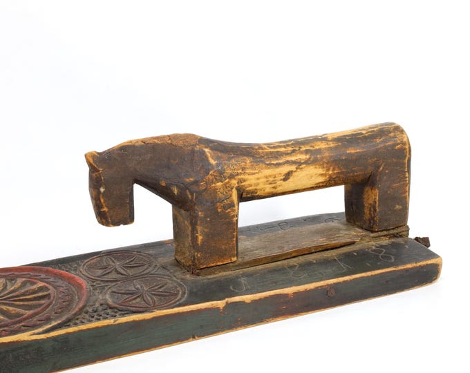 Antique Mangle Board | Norwegian Folk Art | 1818 Chip Carved Rose Design | Horse Carving | Scandinavian Heritage