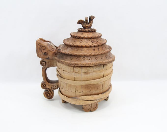 Early 1800s Norwegian Carved Wooden Tankard | Folk Art Drinking Vessel with Bird Finial | Hand Carved Scandinavian Ale Mug