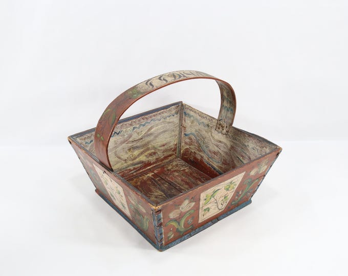 Antique Norwegian Sending Basket 1864 | Hand Painted Folk Art Wood Carrier | Original Scandinavian Rural Gift Basket