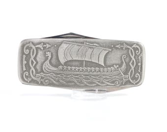 Norwegian Pocket Knife 1970s | Viking ship Motif | Pewter Pocket Knife | Viking Design Knife | Nordic Gift | Collector's Piece